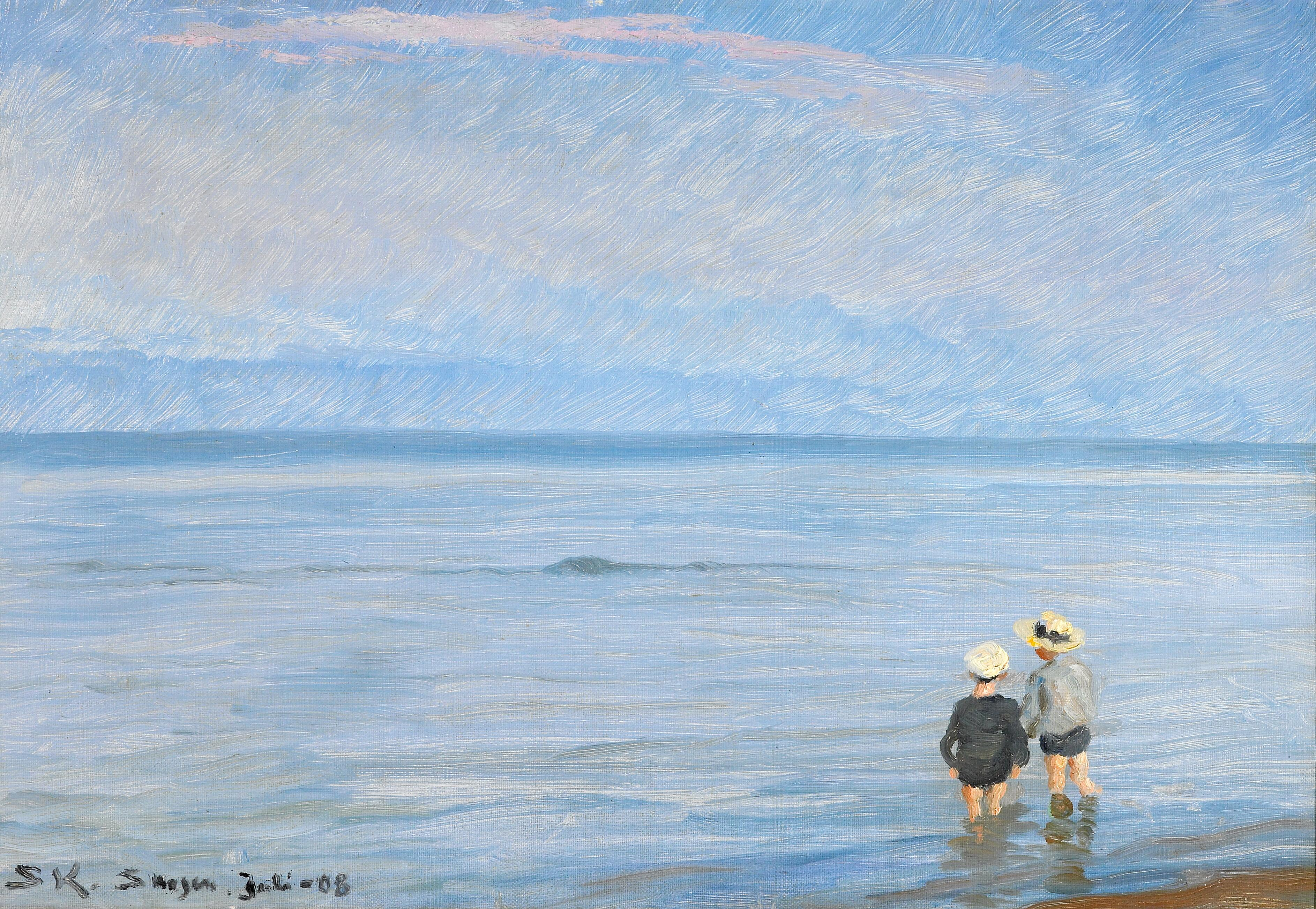 Niebieska godzina. Dwoje dzieci wiosłujących na plaży w Skagen. - Peder Severin Krøyer