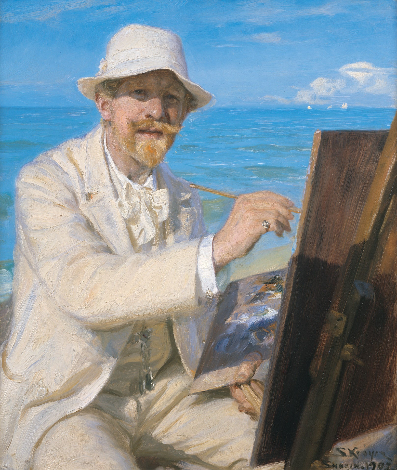 Autoportret, siedzący przy swoim sztalugach na plaży w Skagen - Peder Severin Krøyer