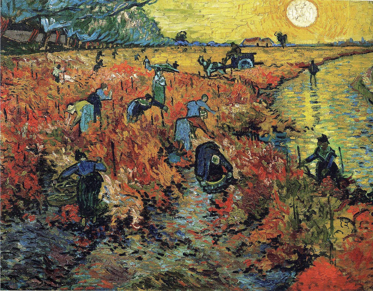 La Vigne rouge de Vincent van Gogh, vendangeurs dans un champ rouge près d'Arles