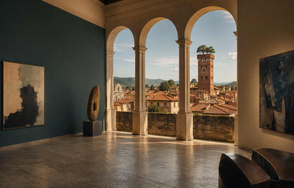 Galerie contemporaine ouverte sur les toits de Lucques et la Torre Guinigi