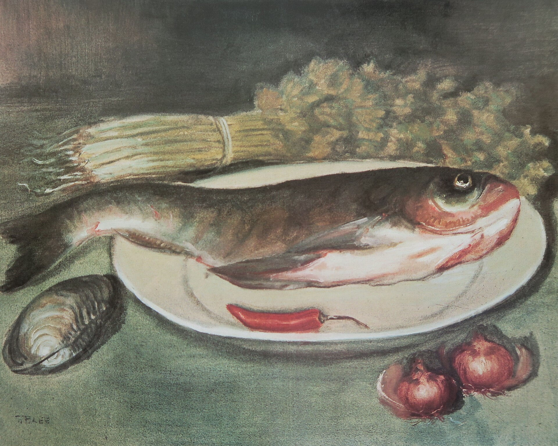 Poisson et céleri, Li Tiefu, années 1930–1940, huile sur toile