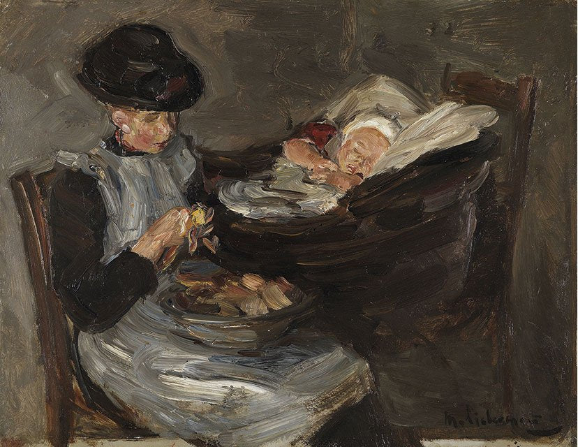 Dziewczyna z Laren obierająca ziemniaki z śpiącym dzieckiem w koszu - Max Liebermann