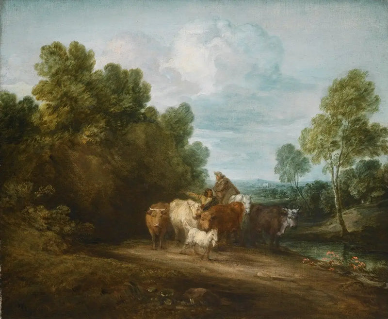 Górski krajobraz z drzewami, chłopem na koniu, pasterzem i bydłem, oraz budynkiem w oddali - Thomas Gainsborough