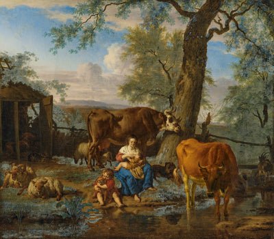 Des vaches allaitent, une femme et un enfant jouent avec un chien. - Adriaen van de Velde