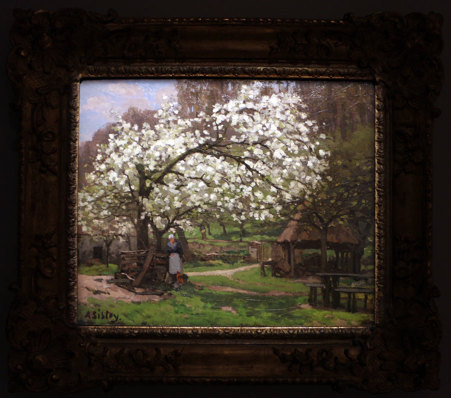 Printemps, paysanne sous les arbres fruitiers, peinture de Alfred Sisley