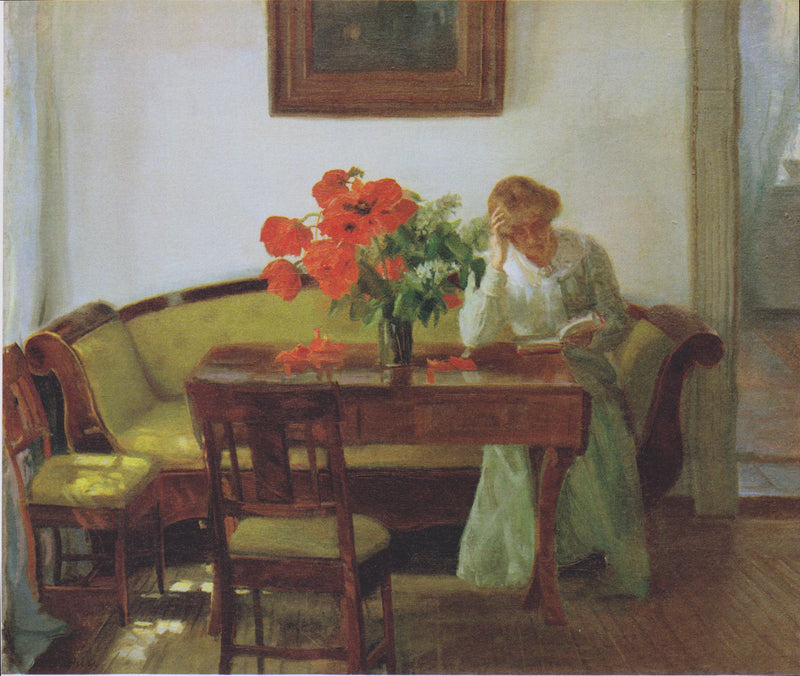 Wnętrze z makami i kobietą czytającą (Lizzy Hohlenberg) - Anna Ancher