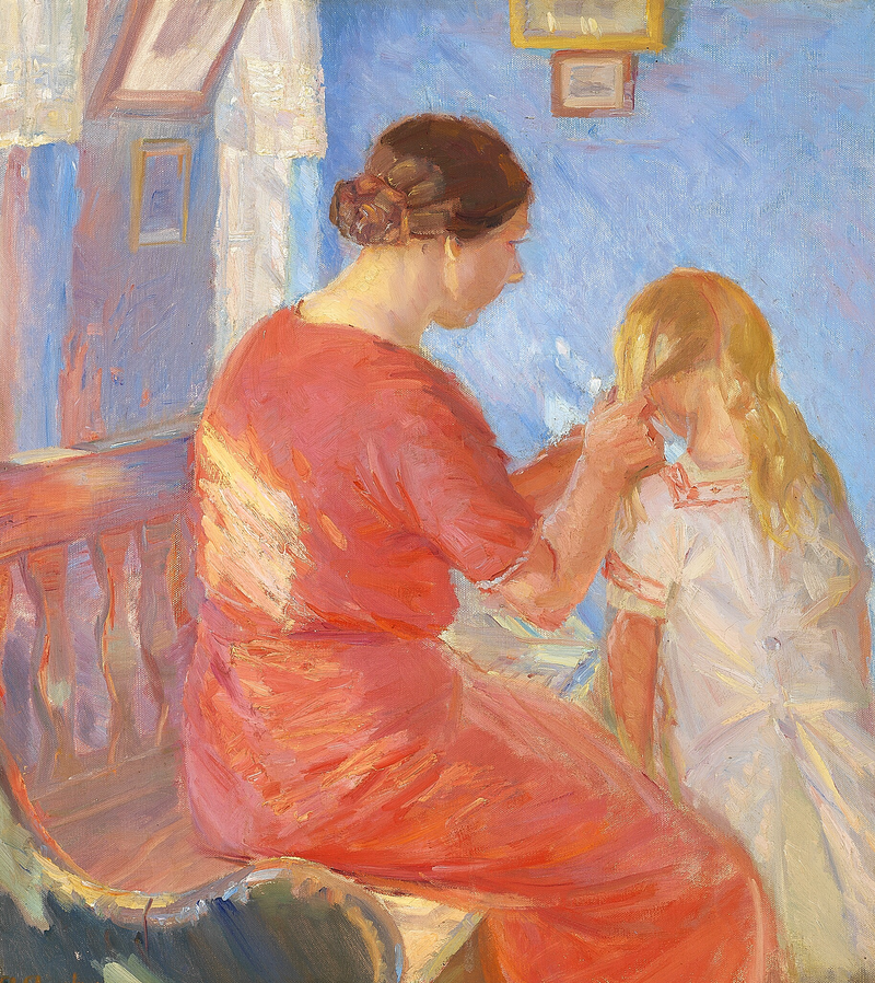 Matka pleciona włosy swojego dziecka. - Anna Ancher