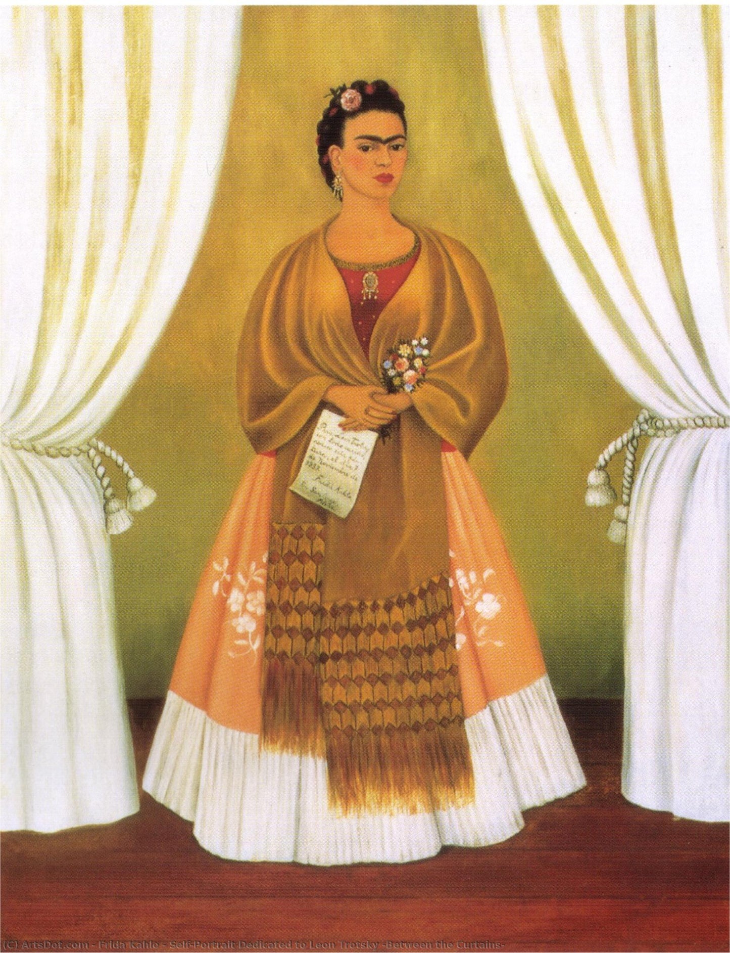 Autoportret dedykowany Lwowi Trockiemu (Między zasłonami) – Frida Kahlo (1937)