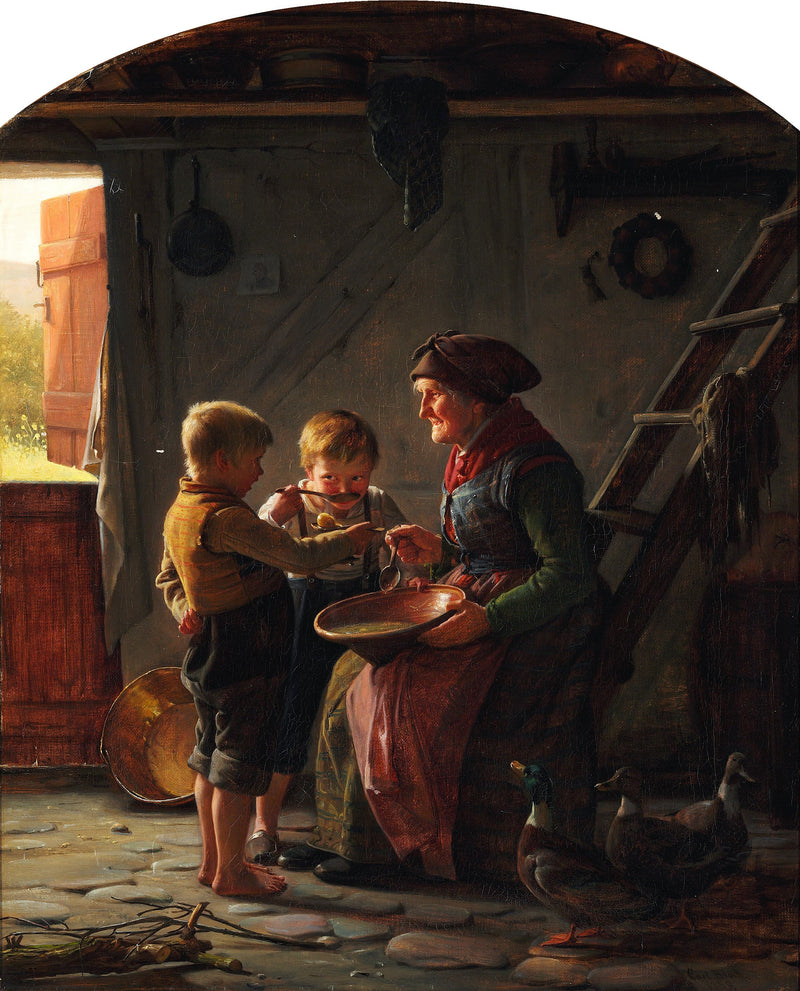 Posiłek. Dwóch chłopców i babcia smakują zupę ziemniaczaną. - Carl Heinrich Bloch