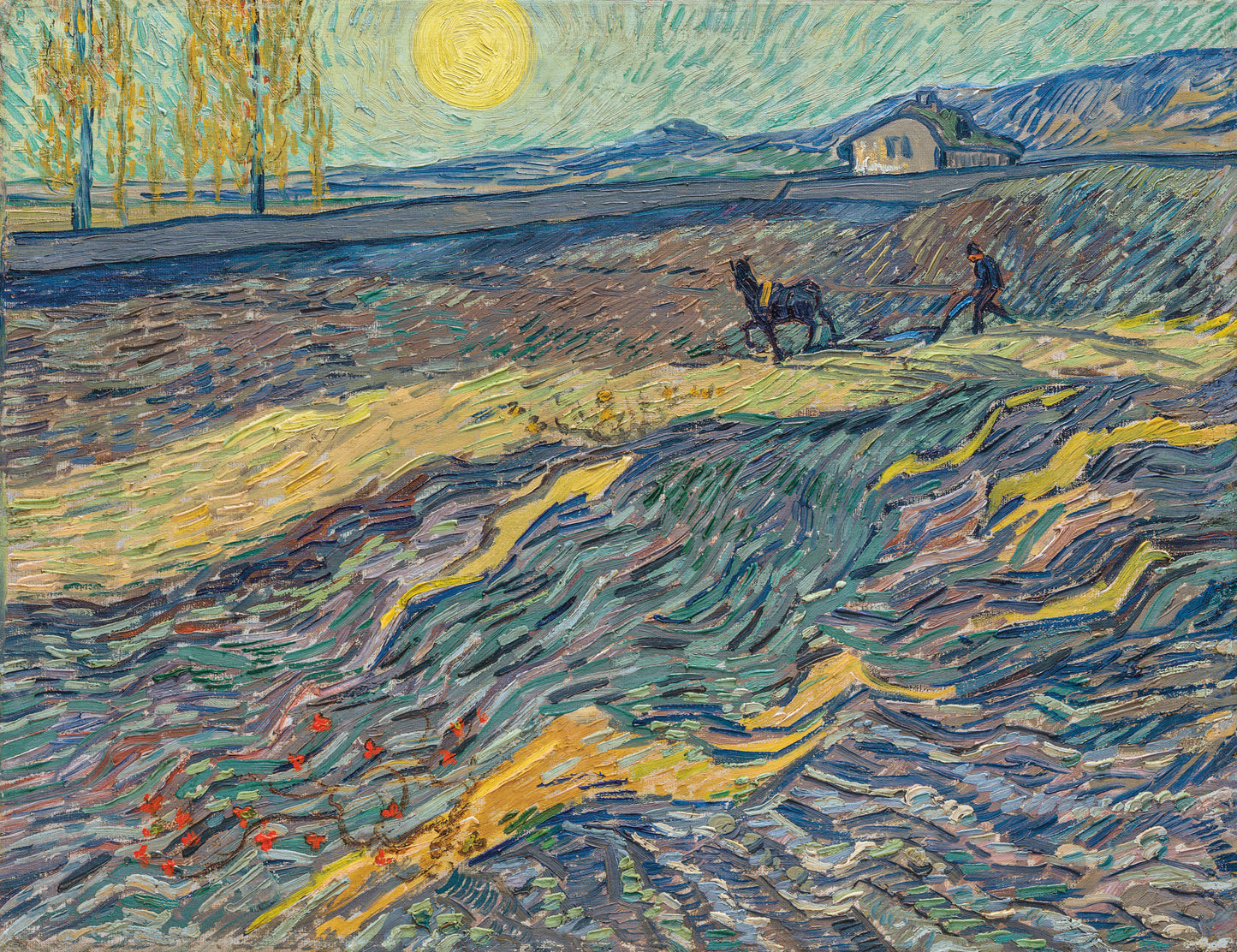 🌾 Pole z chłopem orzącym i młynem – Vincent van Gogh (1889)