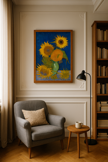 🌻 Słoneczniki (królewsko-niebieskie tło) – Vincent van Gogh (1888)
