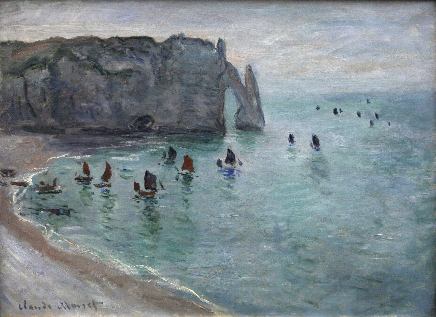 🖼️ Étretat, la Porte d’Aval – Łodzie rybackie opuszczające port – Claude Monet (około 1885)