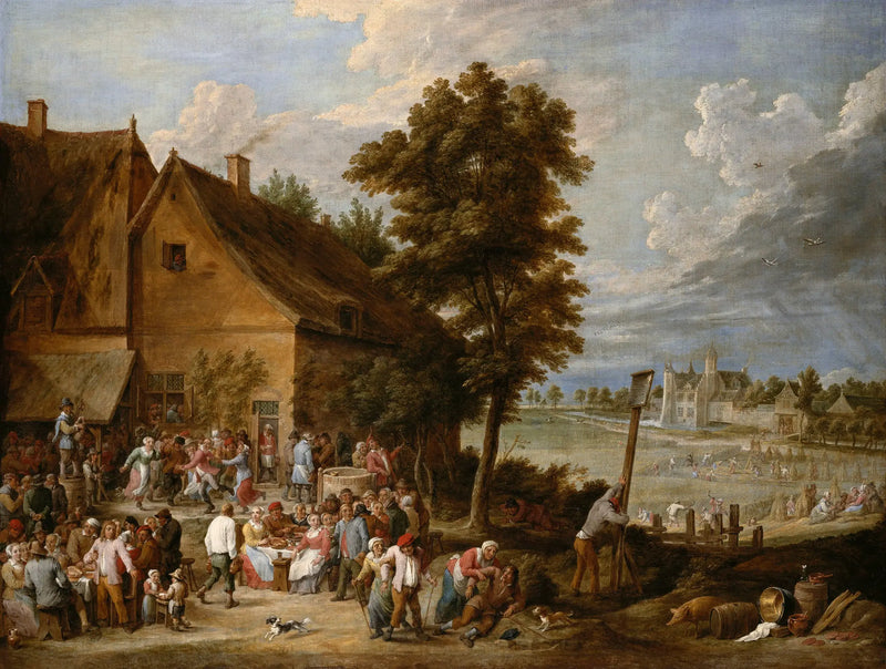 Uczta w czasach zbiorów, z domem Drij Toren w tle - David Teniers Młodszy