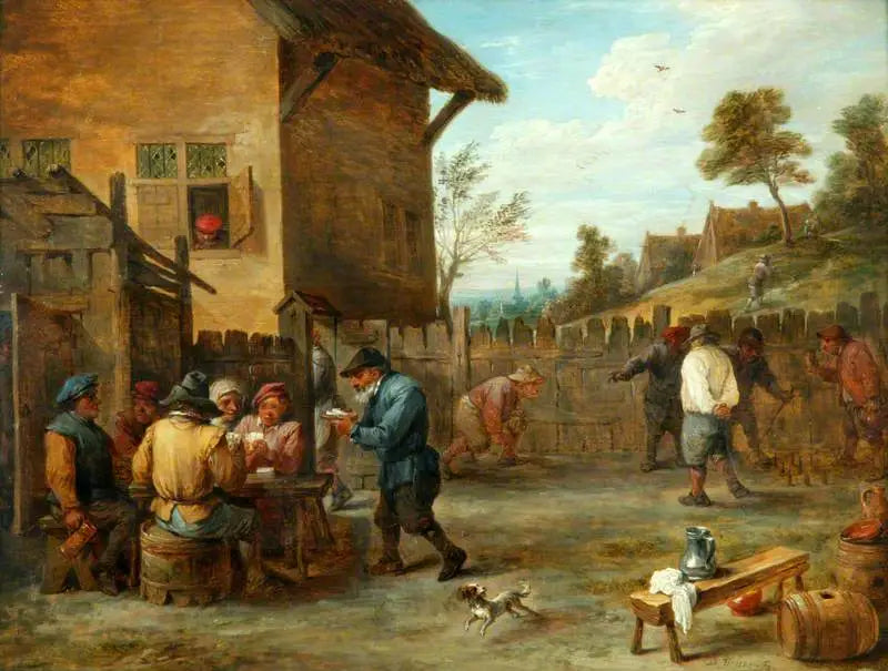 Paysans jouant aux cartes et aux quilles dans une cour - David Teniers le Jeune - Alpha Reproduction