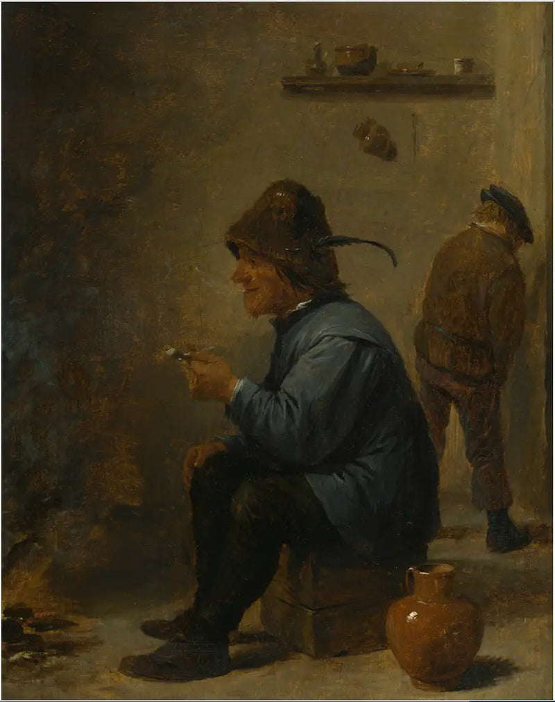 Mężczyzna trzymający fajkę siedzący przed ogniem w tawernie, mężczyzna sikający w kącie - David Teniers Młodszy
