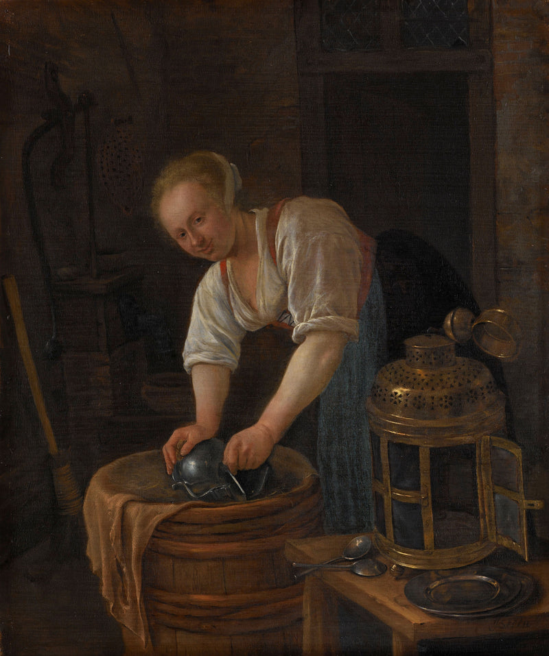 Femme nettoyant des objets en métal - Jan Steen