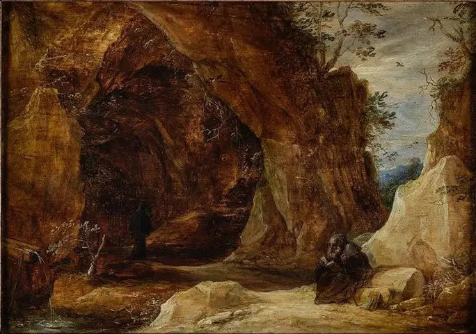 Siedzący pustelnik na skale u wejścia do jaskini - David Teniers młodszy