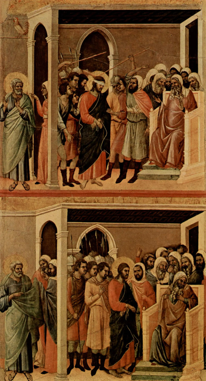Wyśmiany Chrystus (u góry); Chrystus przed Kajfaszem (na dole) - Duccio di Buoninsegna