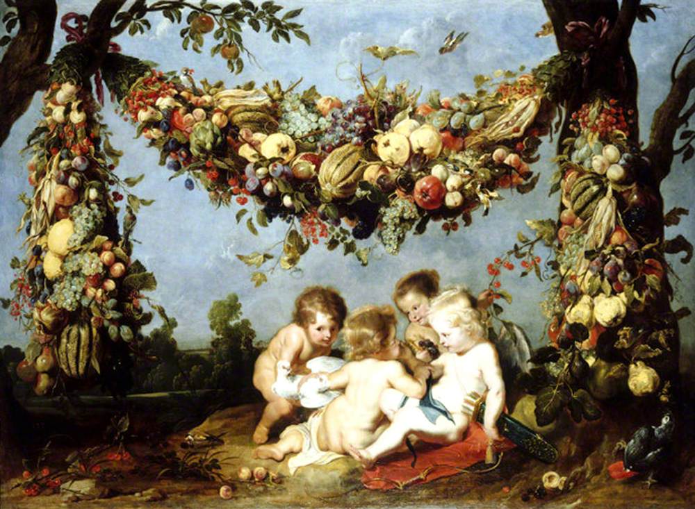 Une guirlande de fruits et légumes au-dessus de quatre putti dans un paysage - Frans Snyders