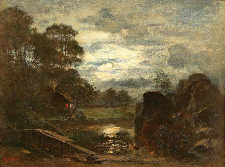 Étang avec jetée et cabane au clair de lune de Franz Rumpler