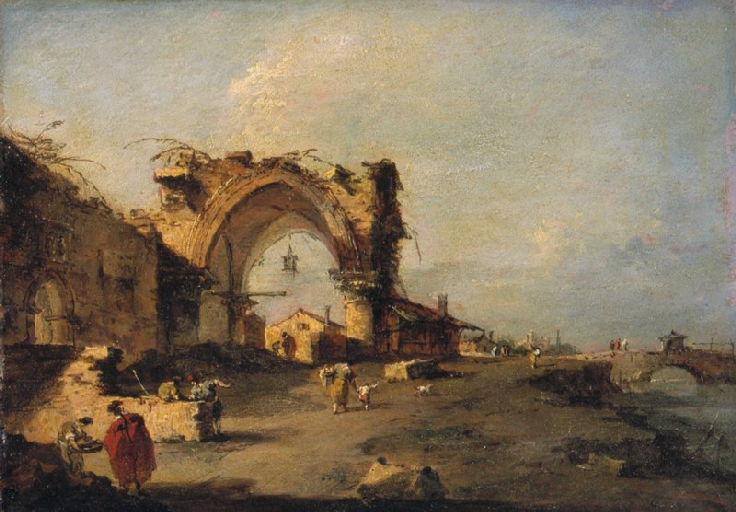 Widok na miasteczko z mostem i ruiną monumentalnej gotyckiej bramy - Francesco Guardi