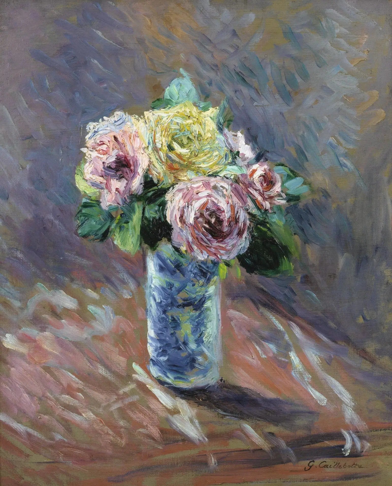 Reproduction du tableau « Roses jaunes et rouges dans un vase de cristal - Gustave Caillebotte » par Alpha Reproduction en peinture à l’huile