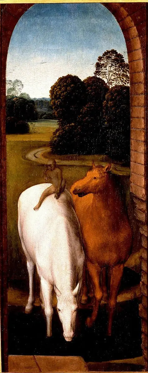 Dwa konie na krajobrazie - Hans Memling