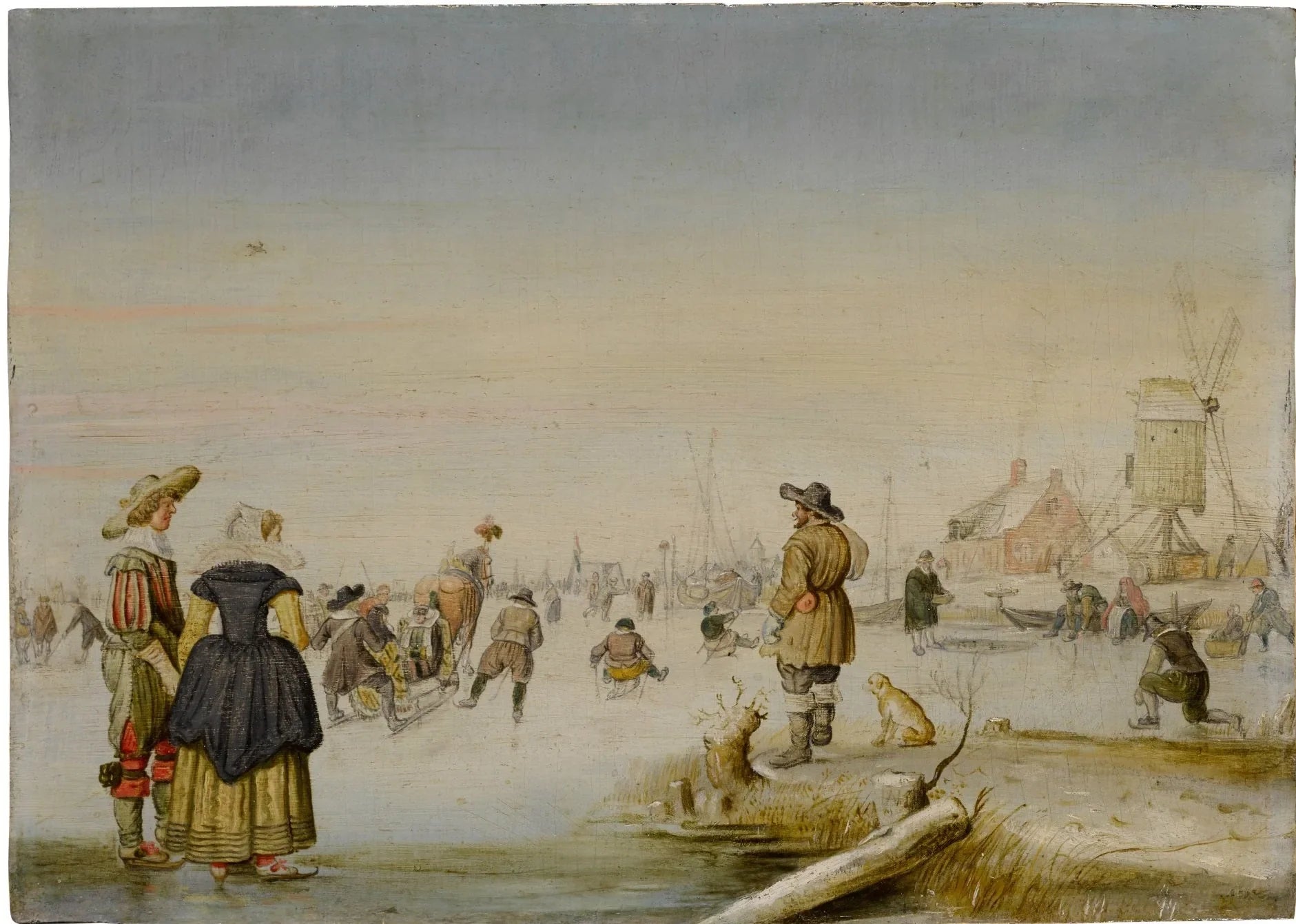 Patinage artistique sur un lac gelé avec un couple élégant au premier plan - Hendrick Avercamp image 1 reproduction d’œuvre d’art à l’huile