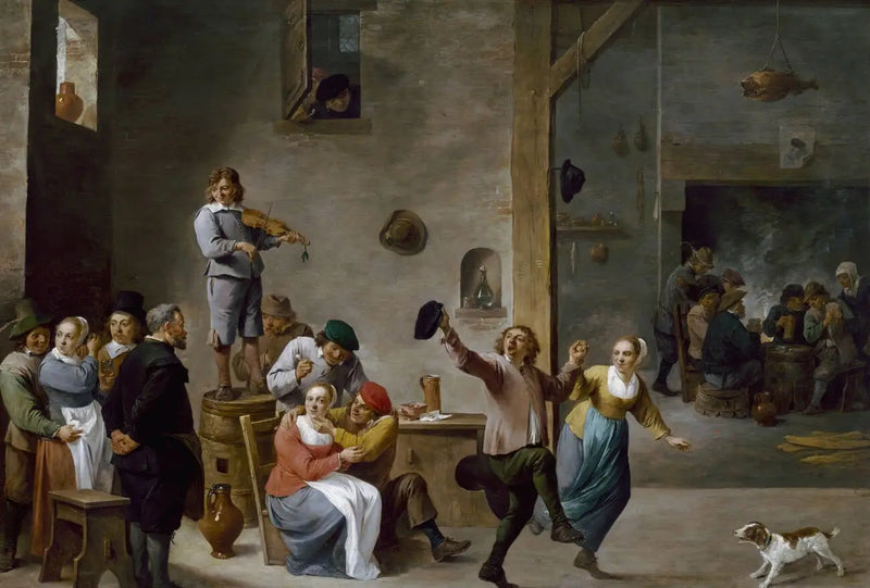 Wnętrze karczmy z tańczącymi chłopami - David Teniers młodszy