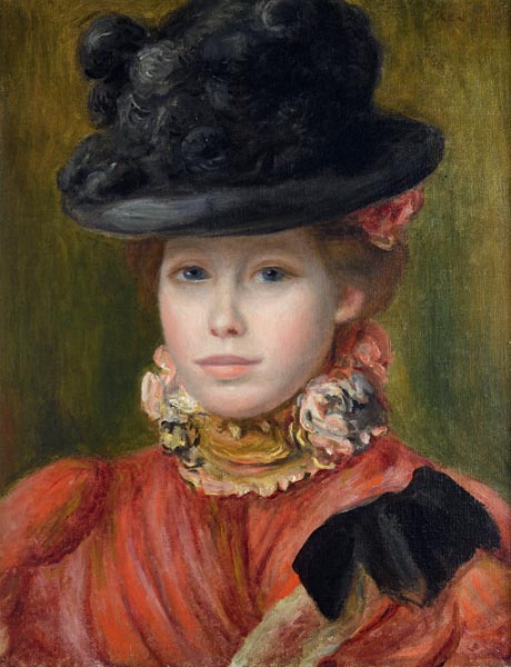 Młoda dziewczyna w czarnym kapeluszu z czerwonymi kwiatami - Pierre-Auguste Renoir
