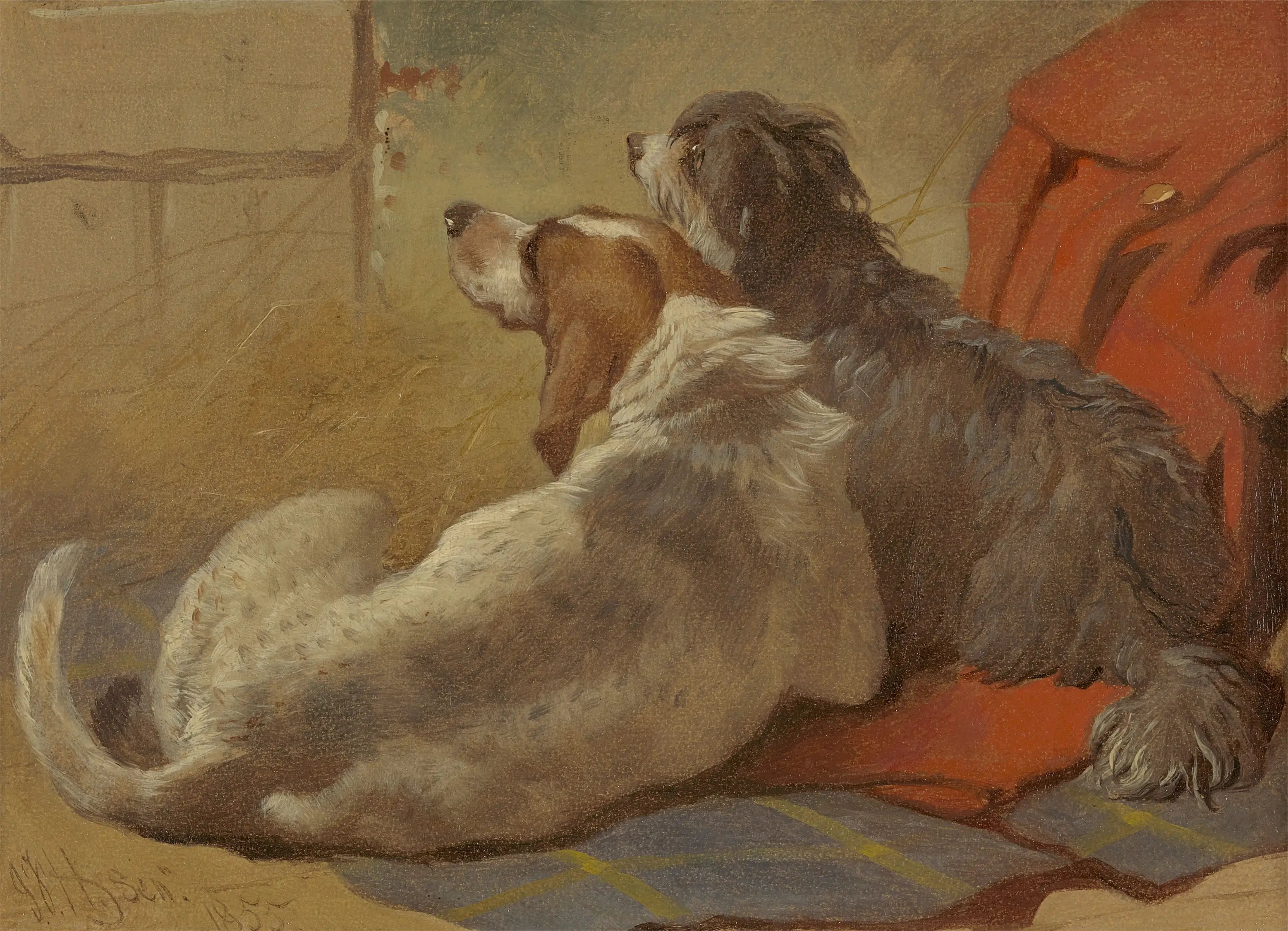Un chien de chasse et un colley barbu assis sur un manteau de chasse - John Frederick Herring Sr. - Alpha Reproduction