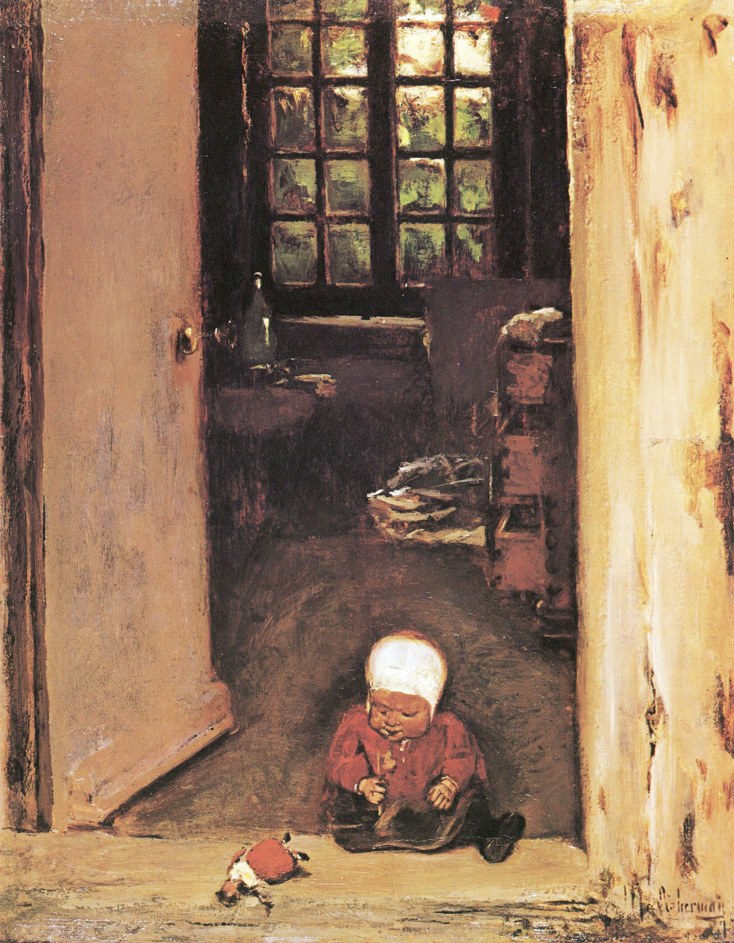 Dziecko bawiące się w ościeżnicy drzwi - Max Liebermann