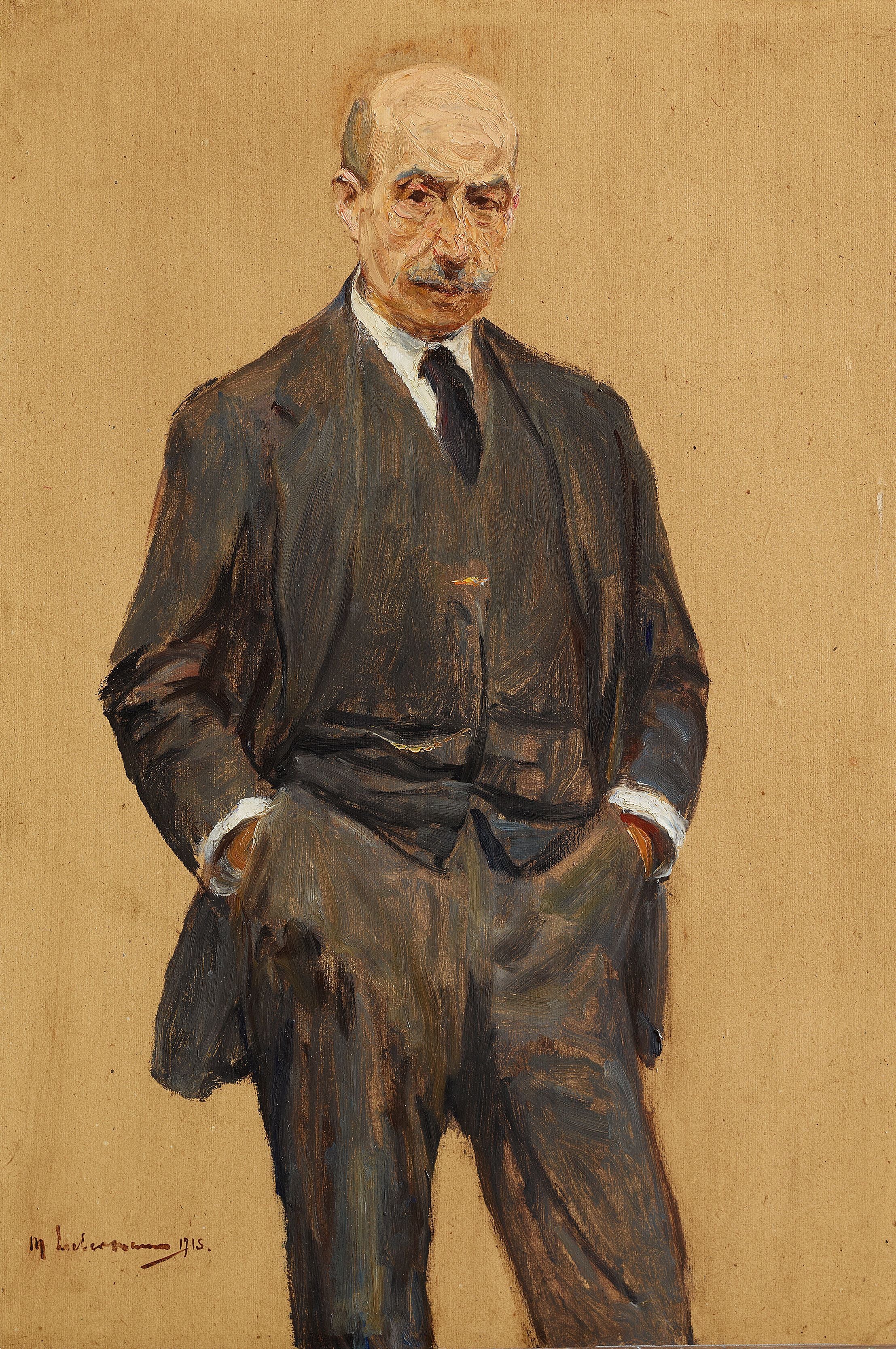 Autoportret, stojący w trzech czwartych, obie ręce w kieszeniach spodni - Max Liebermann