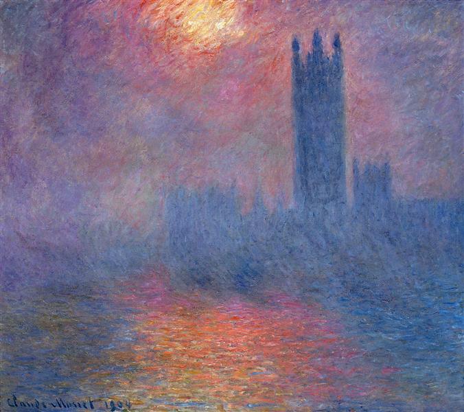 🌫️ Londyn, Parlament, prześwit słońca w mgle – Claude Monet (1904)