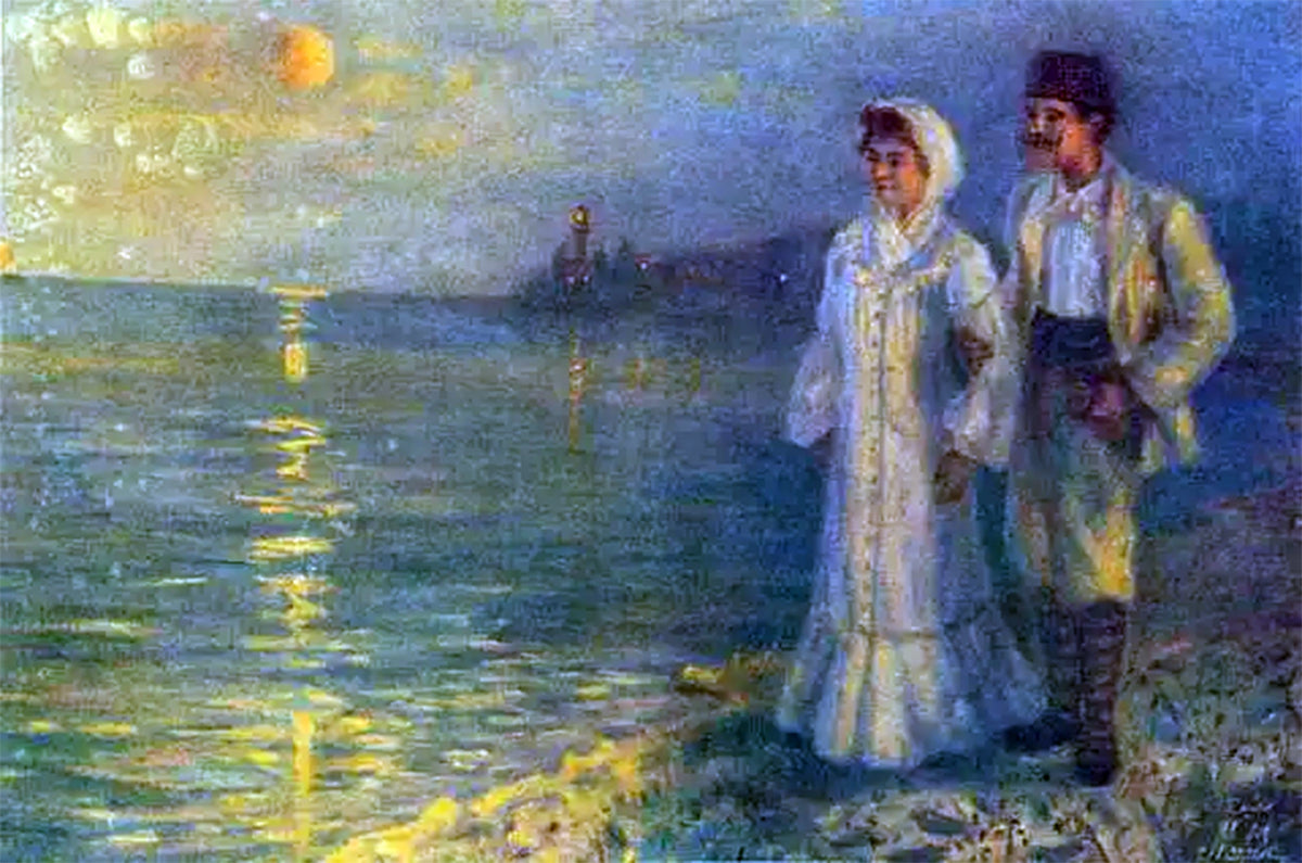 Amoureux sur la plage — Müfide Kadri, vers 1910, huile sur toile