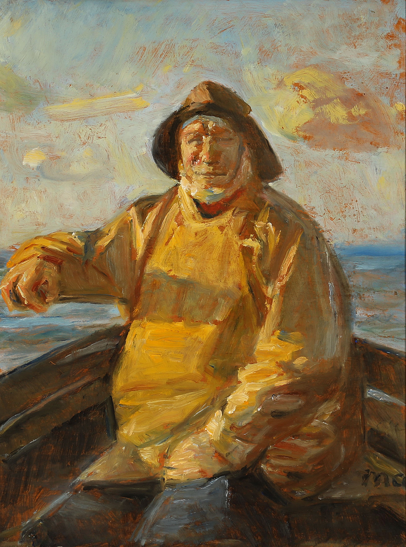 Un pêcheur à la barre de son bateau. - Michael Peter Ancher