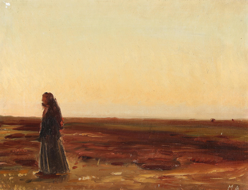 Une femme rentrant chez elle dans la lande au coucher du soleil. - Michael Peter Ancher