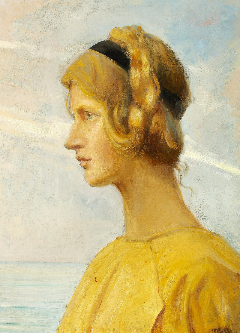 Une jeune fille de Skagen en robe jaune, vue de profil avec la mer en arrière-plan. - Michael Peter Ancher