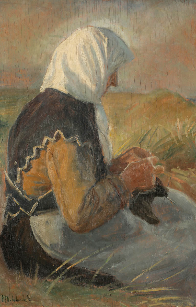 Une femme de pêcheur tricote dans les dunes. - Michael Peter Ancher