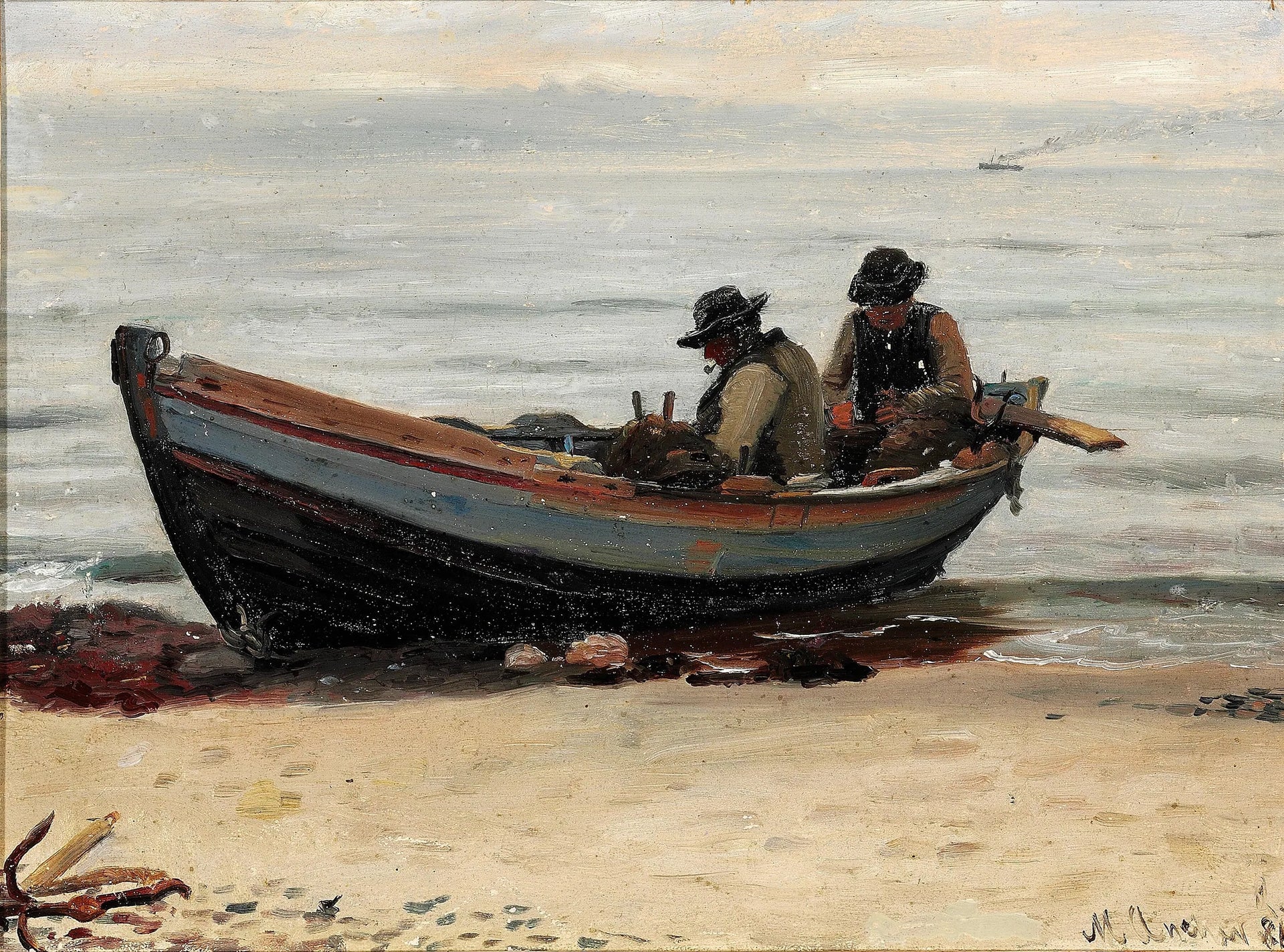 Deux pêcheurs réparent leurs filets dans leur bateau, sur la plage. - Michael Peter Ancher image 1 tableau peint à l’huile sur toile