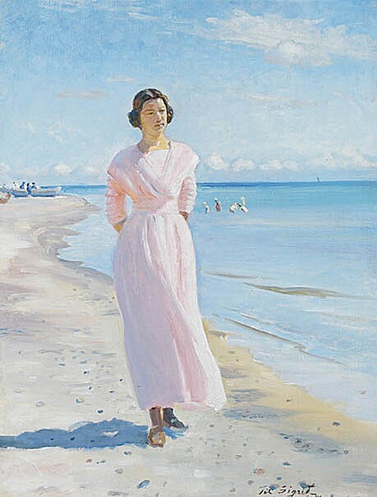 Jeune femme portant une robe rose sur la plage sud de Skagen. - Michael Peter Ancher