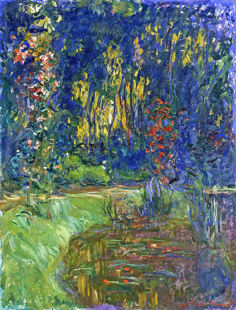 🌸 Kącik ogrodowy w Giverny, z malwą i stawem z liliami wodnymi