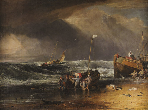 Scena nadmorska z rybakami wyciągającymi łódź na brzeg - J. M. W. Turner