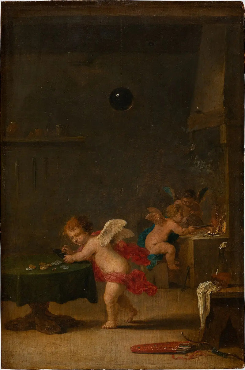 Amoretti w warsztacie alchemika - David Teniers Młodszy