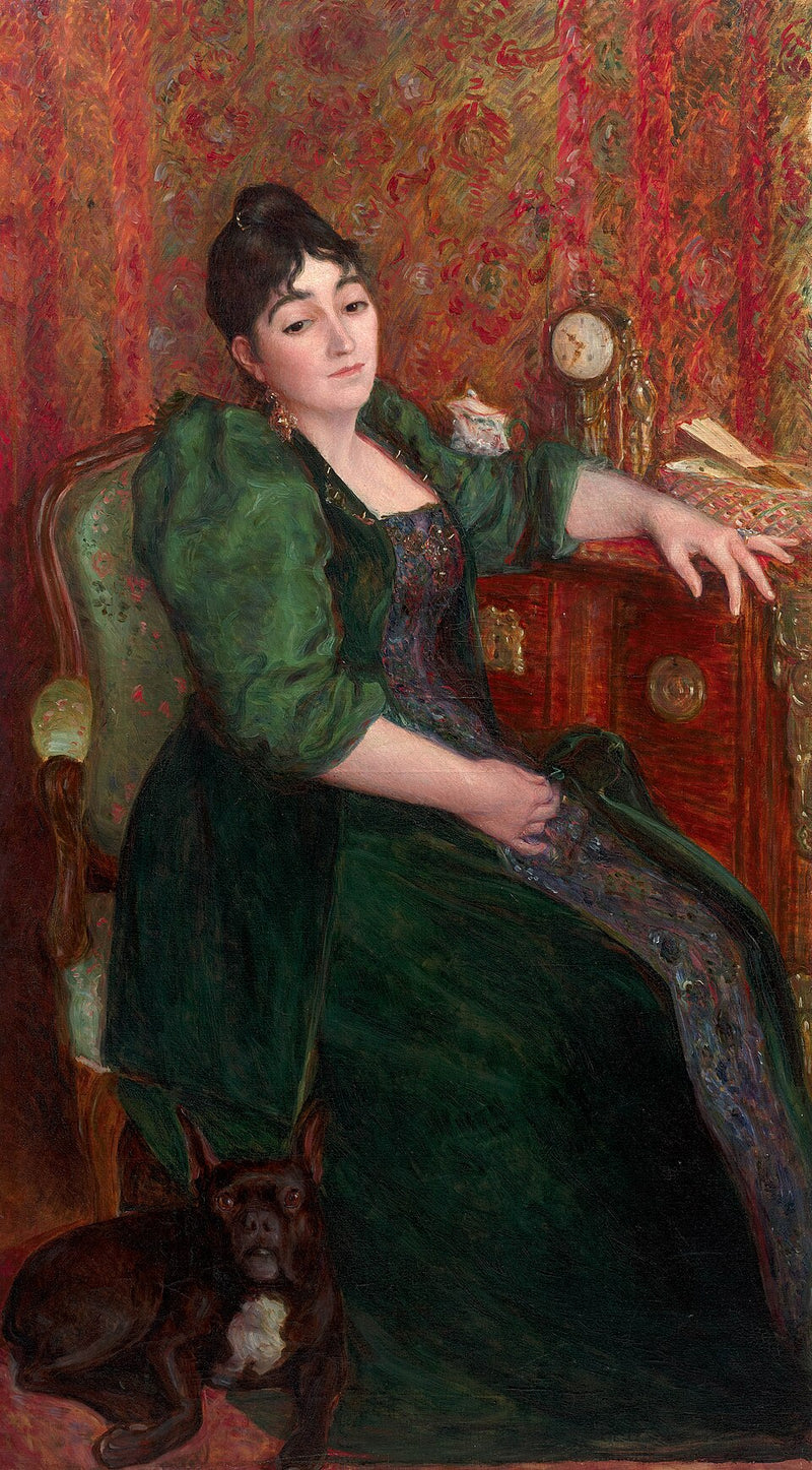 Autoportret artysty w fotelu z Bobem, swoim buldogiem francuskim - Marie Bracquemond