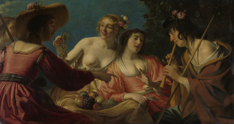 Berger grający na flecie i cztery pasterki - Gerrit van Honthorst