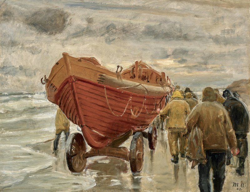 Des pêcheurs tirent un canot de sauvetage le long de la plage. - Michael Peter Ancher