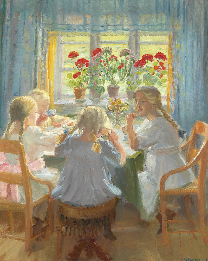 Małe dziewczynki piją herbatę w Nordstuen w domu Anchers na Markvej, Skagen. - Anna Ancher