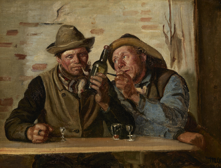 Dwóch rybaków ze Skagen delektuje się papierosem i kieliszkiem w karczmie. - Michael Peter Ancher