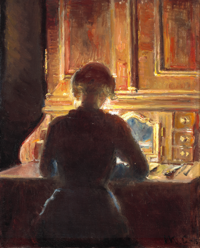 Helga assise dans l'atelier de Michael Ancher dans son bureau en noyer rococo Ortmann à Markvej. - Michael Peter Ancher